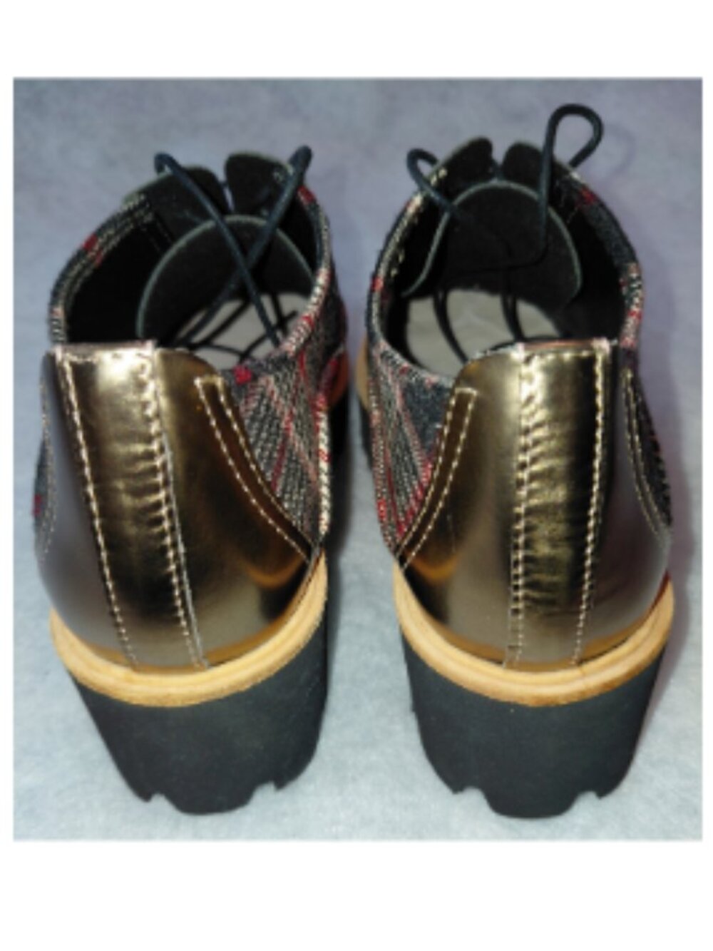 ALL BLACK Plaid Oxfords w/ Gold Patent Toe and Heel Women's Size 8 - Picture 4 of 13